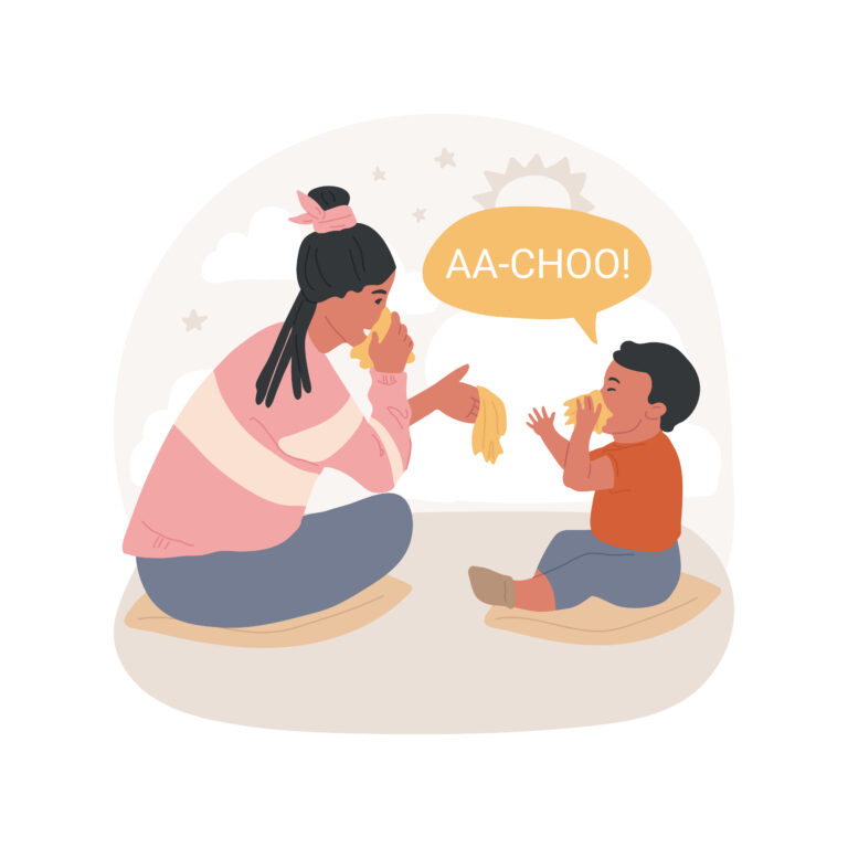 Teach to cover sneezing isolated cartoon vector illustration. Teach child to sneeze in cuff, use handkerchief, toddler personal hygiene, cover mouth, pandemic, early education vector cartoon.